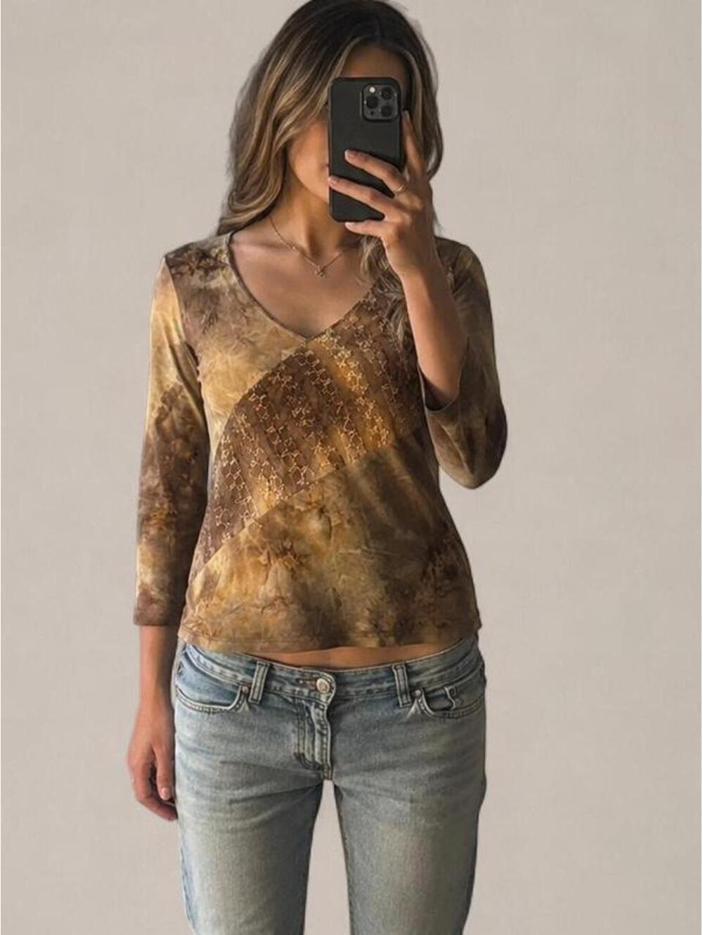 Y2K Only Nine Brown Tie Dye Embroidered Mesh Top